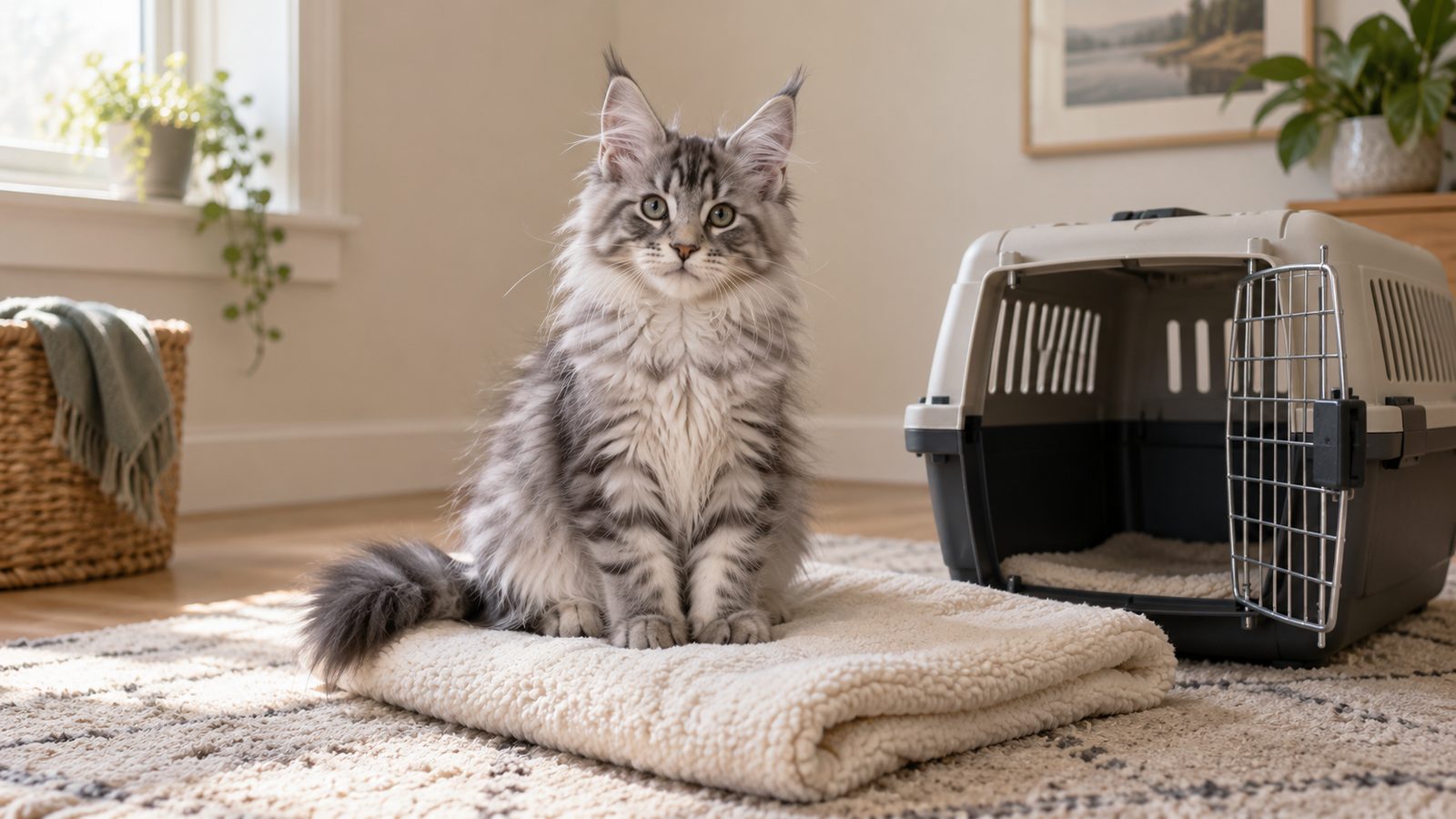 AI-generated silver tabby Maine Coon kitten sitting on a cream blanket beside an open pet carrier